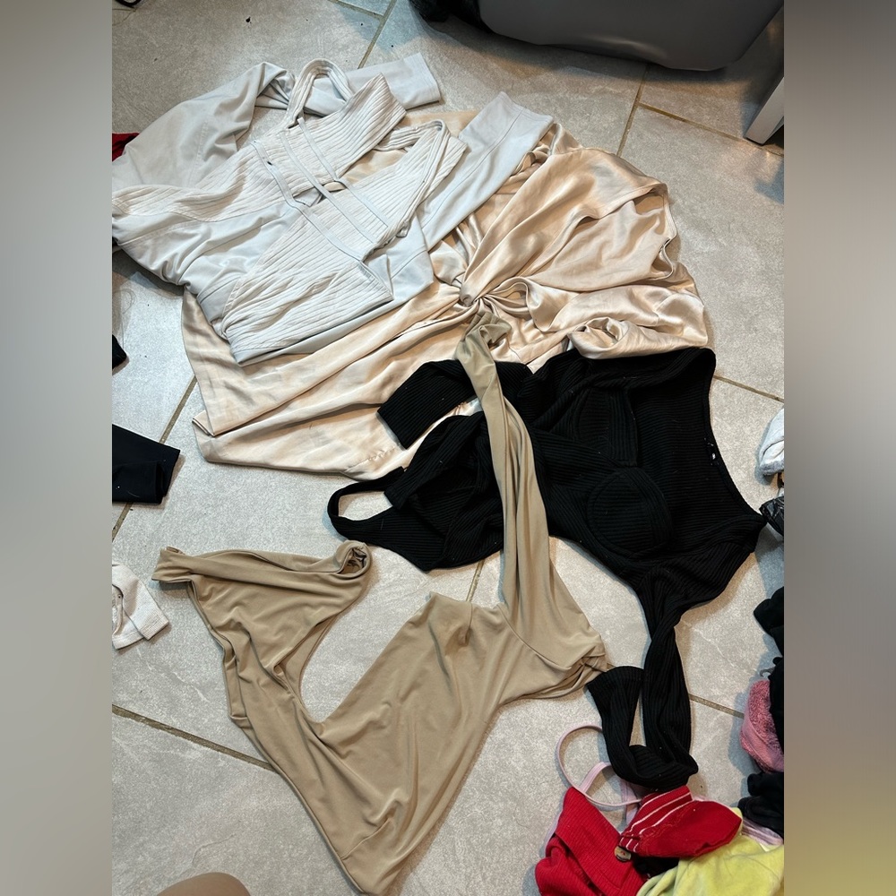White jumpsuit , champagne color dress from fashion nova black/nude body suit,